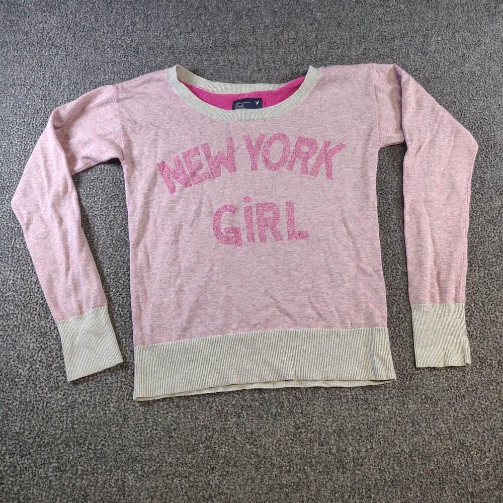 Y2k American Eagle Sweatshirt Medium Pink New York Girl Graphic Pullover